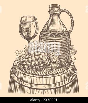 Concept de vin de nature morte. Cruche ou bouteille, fût de chêne, bouquet de raisins, verre. Esquisse vintage illustration vectorielle Illustration de Vecteur