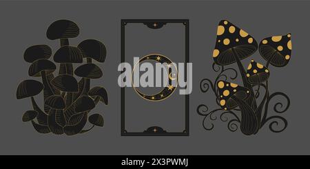 Vecteur mystique céleste ensemble a avec des champignons de contour doré, agarique de mouche, penny chignon, croissants et phases de lune. ETIQUETTES linéaires occultes noires brillantes avec un Illustration de Vecteur