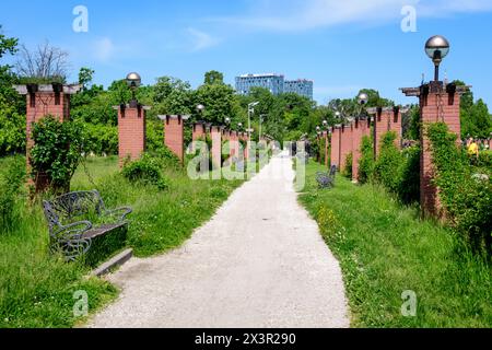 Bucarest, Roumanie - 15 avril 2021: Paysage avec herbe, roses et grands vieux arbres verts vers ciel bleu clair dans le parc du Roi Michael I (Herastrau), i Banque D'Images