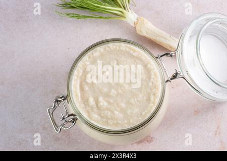 Sauce crémeuse au raifort dans un pot sur fond blanc. Apéritif, condiment ou garniture. Nourriture végétalienne saine. vue de dessus Banque D'Images