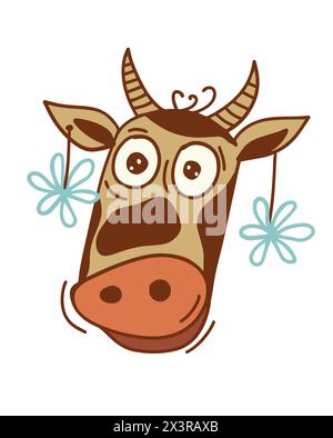 Vache de dessin animé drôle, dessin simple des enfants dans le style doodle. Animaux de ferme, bernyard, bétail. dessin à la main. Pas IA, T-shirt. Illustration vectorielle Illustration de Vecteur