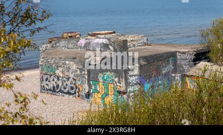 Un vieux bunker en béton de temps de guerre au bord de la mer Baltique sur la plage de Giruliai (Lituanie). Banque D'Images