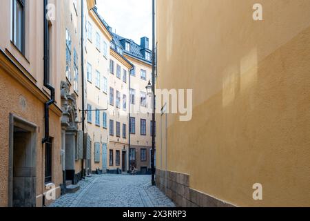 Stockholm Suède. Vide ruelle pavée étroite sinueuse entre un bâtiment vintage avec fond de gouttière externe à Gamla Stan Old Town. Banque D'Images