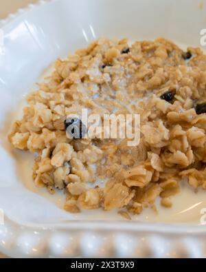 Bol de flocons d'avoine cuits chauds avec raisins secs et lait dans un bol blanc. Banque D'Images