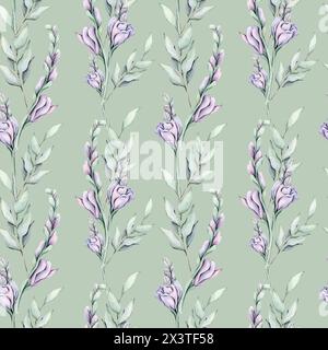 Modèle sans couture avec des feuilles d'aquarelle et des fleurs violettes Banque D'Images
