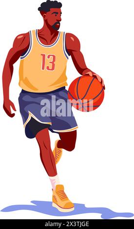 Joueur professionnel de basket-ball masculin dans le concept de fitness mi-dribble. Illustration vectorielle plate sur blanc Illustration de Vecteur