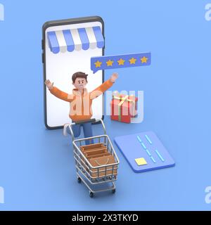 E-shop, concept de shopping avec des personnages. Paiement de caisse commerciale, vente au détail de commerce électronique sur l'appareil pour l'application client.illustration 3D de Guy QAD masculin Banque D'Images