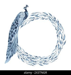 Couronne avec paon bleu et feuilles de laurier. Illustration d'aquarelle dessinée à la main isolée sur fond blanc. Cadre rond monochrome Indigo avec volaille Banque D'Images