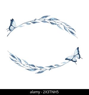 Couronne avec feuilles abstraites bleues et papillons. Illustration d'aquarelle dessinée à la main isolée sur fond blanc. Cadre ovale monochrome Indigo. Banque D'Images