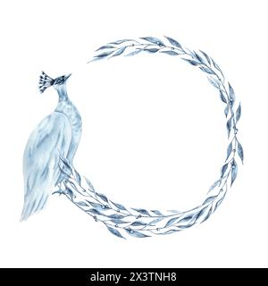 Couronne de perles bleues et feuilles de laurier. Illustration d'aquarelle dessinée à la main isolée sur fond blanc. Monture monochrome Indigo avec un peahen. Banque D'Images