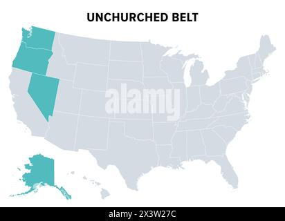 Unchurched Belt, une région du nord-ouest des États-Unis, carte politique. Région avec le taux le plus faible de participation religieuse. Banque D'Images