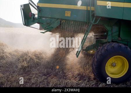 Les machines agricoles. Moissonneuse-batteuse, sur champ de blé. 'Learza' estate. Près de Estella, Navarre, Espagne Banque D'Images