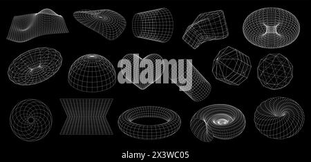 Formes filaires de grille de maillage 3D en perspective abstraite géométrique, éléments futuristes vectoriels. Globe terrestre 3D filaire, cœur ou tunnel en spirale avec Illustration de Vecteur