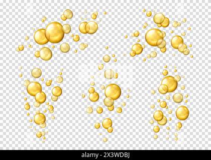 Bulles d'huile liquide, sérum de collagène jaune. Isolé vecteur 3d gouttes brillantes réalistes, pilules cosmétiques en or ou capsules. Gouttelettes huileuses d'essence vitaminique. O Illustration de Vecteur