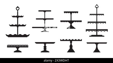 Stands de gâteau de mariage et plateaux de plateau ou assiettes à dessert et niveaux de table, icônes de silhouette vectorielle. Présentoir de gâteaux de mariage ou plateaux de pâtisserie pour la nourriture de restaurant, tartes de boulangerie podium ou plateau de niveau Illustration de Vecteur