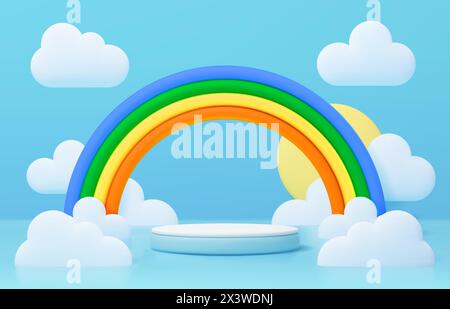 Podium pour enfants avec arc-en-ciel et nuages. Rendu de fond d'été 3d vecteur dans un style enfantin mignon pour la vitrine de produits de bébé. Scène ronde ou piédestal sous l'arc-en-ciel coloré lumineux et le ciel nuageux bleu Illustration de Vecteur
