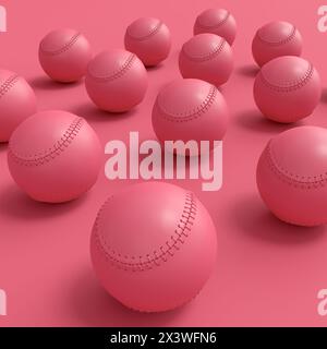 Ensemble de softball ou balle de baseball couché dans la rangée sur fond monochrome. rendu 3d des accessoires de sport pour les jeux de jeu d'équipe Banque D'Images