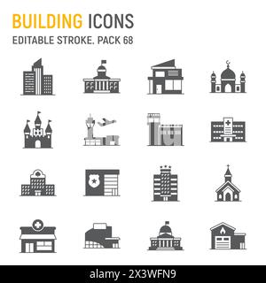 Jeu d'icônes de glyphe de construction, collection d'architecture, graphiques vectoriels, illustrations de logo, icônes vectorielles de bâtiments de ville, signes de bâtiments de ville, pictog solide Illustration de Vecteur