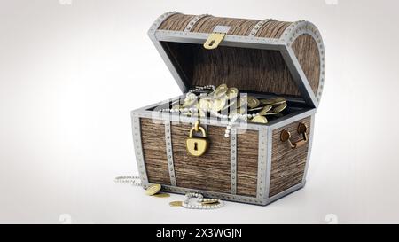 Coffre au Trésor rempli de pièces d'or anciennes et de bijoux isolés sur fond blanc. 3D illustration. Banque D'Images