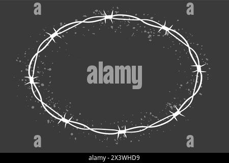 Anneau torsadé de fil barbelé y2k, tatouage de bordure ronde, cadre en acier texturé gothique, barrière ovale piquée, silhouette isolée sur fond sombre. Illustration vectorielle Illustration de Vecteur
