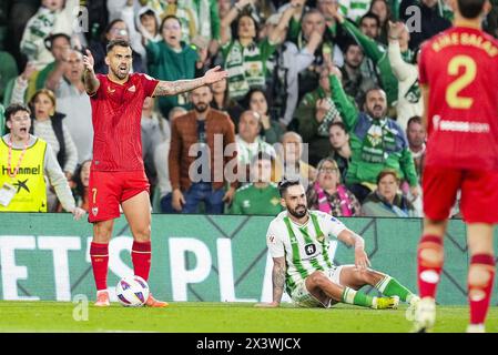 Jesus Joaquin Fernandez 'Suso' du Sevilla FC réagit lors du match de football de la Liga entre le Real Betis et le Sevilla FC le 28 avril 2024 au stade Benito Villamarin de Séville, Espagne Banque D'Images