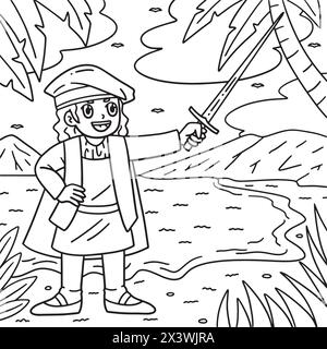 Columbus Day Man avec épée Coloriage page pour les enfants Illustration de Vecteur