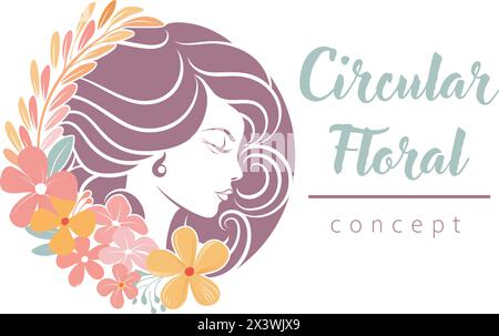 Femme cercle visage fleurs cheveux Floral concept Illustration de Vecteur