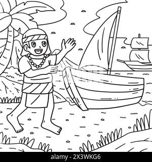 Coloriage homme et bateau indigène Columbus Day Illustration de Vecteur