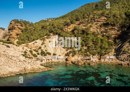 Es Portitxol Cove est l'une des criques les plus belles et les plus reculées d'Ibiza, Sant Joan de Labritja, Îles Baléares, Espagne Banque D'Images