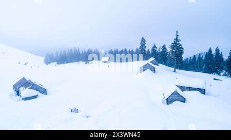 Cabanes en bois dans la neige profonde sur la vallée de montagne en hiver, vue de dessus. Chalets enneigés pour les touristes dans les montagnes d'hiver dans les Carpates ukrainiennes Banque D'Images