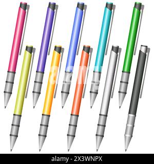 Ensemble de stylos multicolores sur un fond blanc Illustration de Vecteur