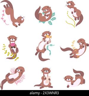 Loutre de dessin animé. Loutres drôles dans différentes poses, manger, jouer et nager. Animaux aquatiques, personnages de rivière ou de lac. Mascotte enfantine de nos jours vecteur Illustration de Vecteur