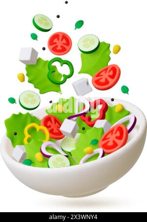 Concept de salade fraîche 3D. Repas végétal isolé, nutrition vitaminée avec tomates, oignons, concombres. Rendre des éléments alimentaires réalistes, vecteur pieux Illustration de Vecteur