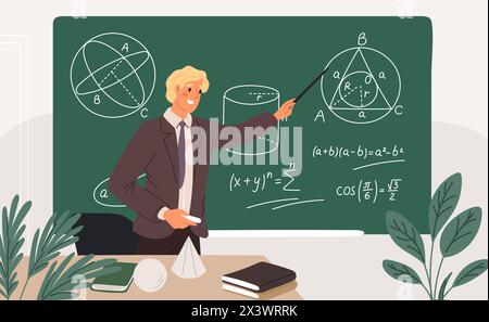 Professeur de géométrie donnant une conférence. Enseignement scolaire. Apprentissage des mathématiques. Formules mathématiques et calculs à la craie blanche sur tableau noir. Professeur at Illustration de Vecteur