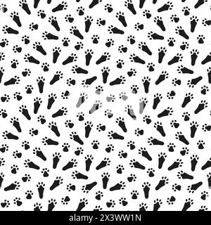 Motif sans couture noir et blanc d'empreintes de pattes de lapin ou de lièvre. Silhouette. Empreintes de pas de lapin. Isolé sur fond blanc. Imprimer, textile, papier d'emballage, carte postale, zoo, motif de Pâques Illustration de Vecteur