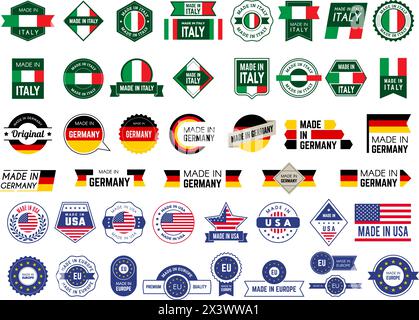 Fabriqué en badges. Autocollants ou emblèmes de qualité pays fabriqués en europe usa italie allemagne modèles vectoriels récents définis avec place pour le texte Illustration de Vecteur