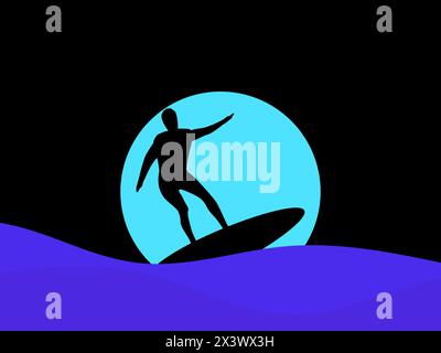 Silhouette d'un surfeur sur une planche de surf sur les vagues et sur fond d'une pleine lune bleue. Surfeur chevauche une vague, surf de nuit sous la lune. De Illustration de Vecteur