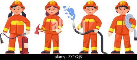 Pompiers pour enfants. Enfants pompiers personnages mignons de dessin animé, pompier courageux enfant dans le chapeau avec équipement de sauvetage de tuyau drôle pompier garçon fille enfant illustration vectorielle de brigade de pompier enfant Illustration de Vecteur