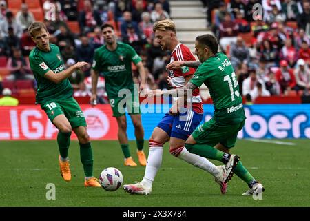 Kamil Józwiak de Granada CF concourt pour le ballon avec Rubén Peña de CA Osasuna lors du match de Liga entre Granada CF et CA Osasuna au Nuevo Los Cármenes Stadium le 28 avril 2024 à Grenade, Espagne. (Photo de José M Baldomero/Pacific Press) Banque D'Images