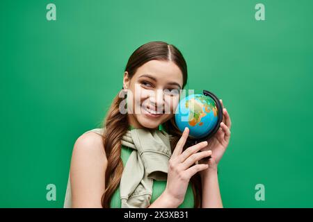 Une jeune femme dans la vingtaine tenant un petit globe, symbolisant l'unité et la connexion mondiales. Banque D'Images