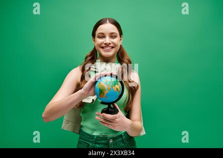 Jeune femme dans la vingtaine tenant un petit globe dans ses mains sur un fond vert studio. Banque D'Images