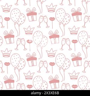 Motif rose Girly Party sans couture. Partie de bachelorette avec ballons, cadeaux, champagne et surprises fond. Mignonnes petites choses griffonner style esquisse Illustration de Vecteur