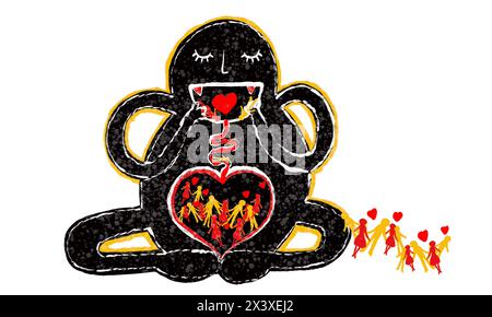 Monstre noir manger couple d'amour et coeur rouge, fond abstrait de Valentine Banque D'Images