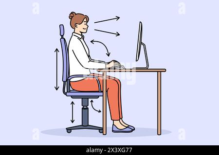 Femme démontre une posture correcte pour travailler avec l'ordinateur, assis avec le dos droit à la table avec le moniteur. Fille suit les règles de posture, tapant sur PC à l'aide d'une chaise réglable ergonomique. Illustration de Vecteur