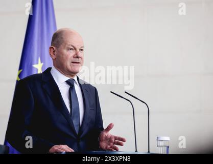 OLAF Scholz, Bundeskanzler, aufgenommen waehrend Pressekonferenz à Berlin, 29.04.2024. Berlin Deutschland *** Olaf Scholz, chancelier fédéral, enregistré lors d'une conférence de presse à Berlin, 29 04 2024 Berlin Allemagne Copyright : xJulianexSonntagxphotothek.dex Banque D'Images