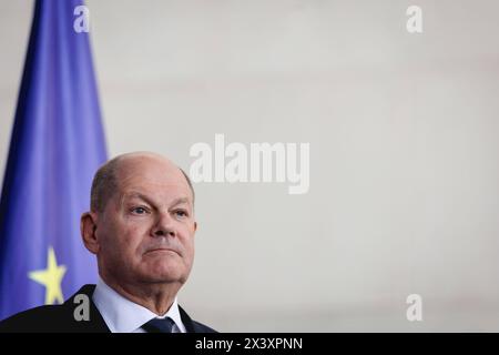OLAF Scholz, Bundeskanzler, aufgenommen waehrend Pressekonferenz à Berlin, 29.04.2024. Berlin Deutschland *** Olaf Scholz, chancelier fédéral, enregistré lors d'une conférence de presse à Berlin, 29 04 2024 Berlin Allemagne Copyright : xJulianexSonntagxphotothek.dex Banque D'Images