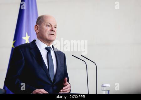 OLAF Scholz, Bundeskanzler, aufgenommen waehrend Pressekonferenz à Berlin, 29.04.2024. Berlin Deutschland *** Olaf Scholz, chancelier fédéral, enregistré lors d'une conférence de presse à Berlin, 29 04 2024 Berlin Allemagne Copyright : xJulianexSonntagxphotothek.dex Banque D'Images