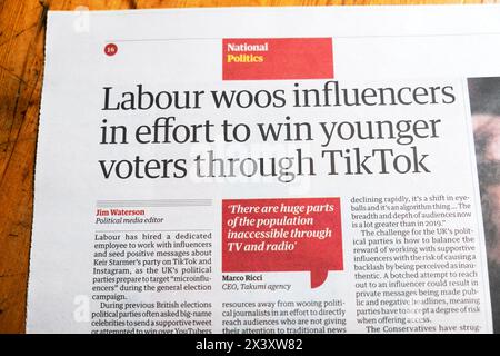 Le journal TikTok Guardian fait la une des manchettes des influenceurs pour tenter de gagner des électeurs plus jeunes, en publiant un article sur les élections politiques 20 avril 2024 Londres Royaume-Uni Banque D'Images