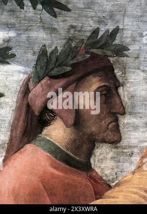 RAFFAELLO Sanzio (né en 1483, Urbino, mort en 1520, Rome) le Parnasse (détail) 1509-10 Fresco stanza della Segnatura, Palazzi Pontifici, Vatican le poète florentin Dante Alighieri (1265 -1321), auteur de la Divine Comédie, est représenté debout derrière le poète grec classique Homère. Une étude préparatoire, maintenant à Windsor, montre le travail détaillé des portraits. Pour le visage d'Homère, Raphaël a utilisé comme modèle une sculpture classique, le Laocoön, qui avait été découverte quelques années auparavant. On ne sait pas quel modèle il a utilisé pour Dante. --- mots-clés : ------------- Auteur : RAFFAELLO Banque D'Images