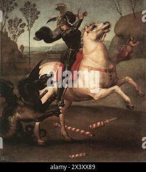 RAFFAELLO Sanzio (né en 1483, Urbino, mort en 1520, Roma) Saint George combattant le Dragon 1505 huile sur bois, 32 x 27 cm Musée du Louvre, Paris nommé à l'ordre de la Jarretière en 1504 par Henri VII d'Angleterre, Guido da Montefeltro, Duc d'Urbino, il chargea Raphaël de peindre un tableau de Saint George comme cadeau pour le roi, et nomma Baldassare Castiglione, auteur du Courtier, pour le porter en Angleterre. Jusqu'à récemment, la composition du même sujet à la National Gallery of Art de Washington était identifiée comme la peinture envoyée en Angleterre. Cependant, il est débattu maintenant lequel des deux painti Banque D'Images